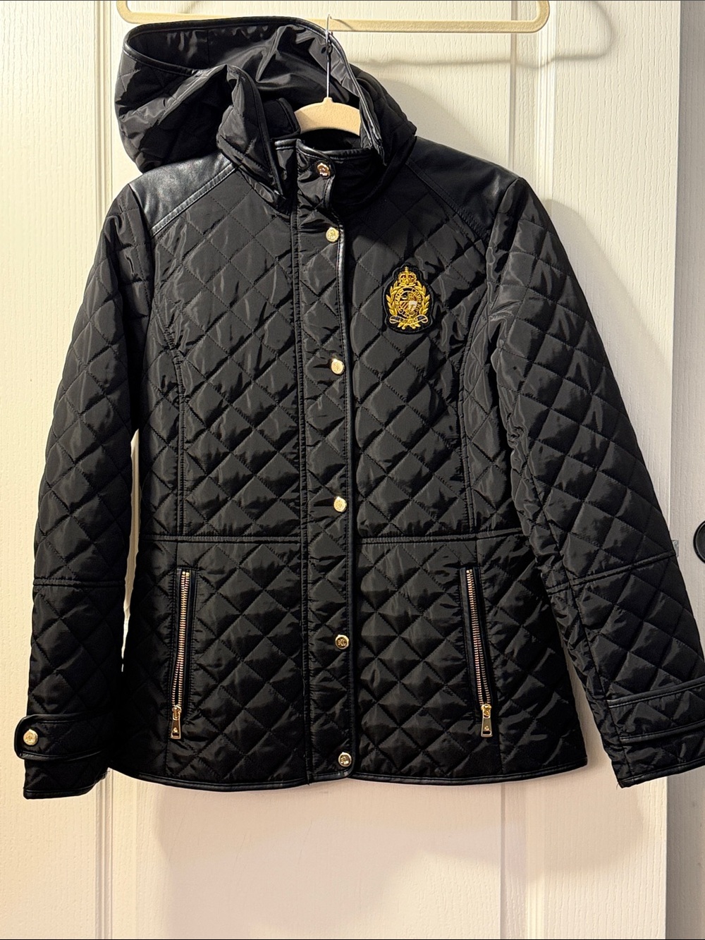 Lauren Ralph Lauren Black Quilted Hooded Puffer with Gold Crest